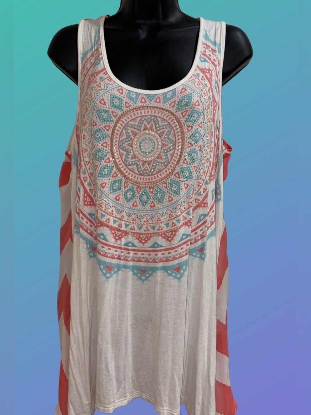 Vocal Boho Mandala Print Tank Top - White with Coral & Aqua⭐️NWT⭐️